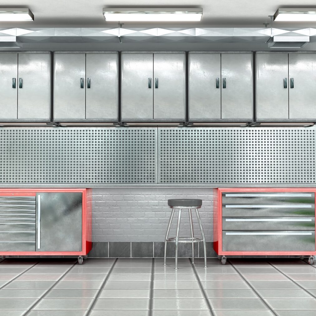 Modern garage workspace with metal cabinets