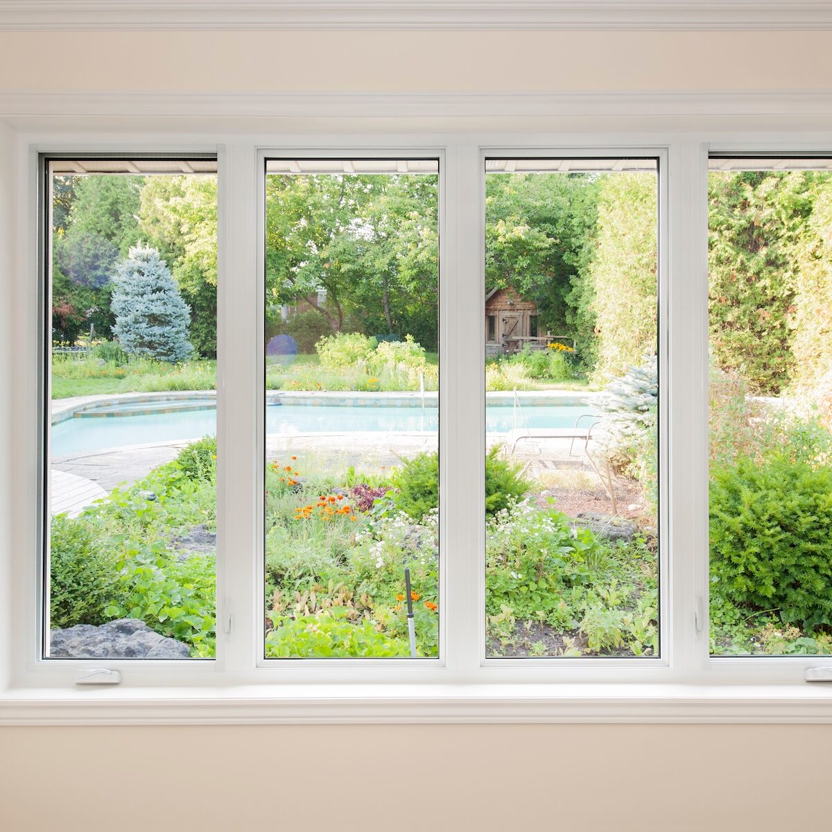 Scenic backyard visible from inside