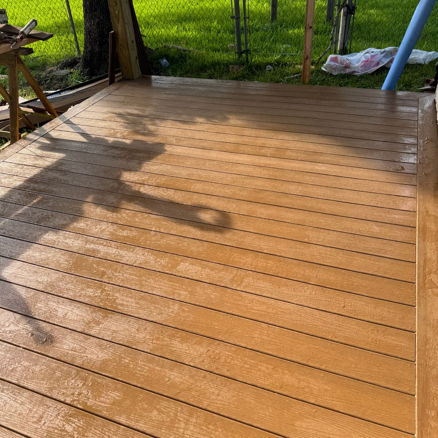 Freshly cleaned wooden deck surface